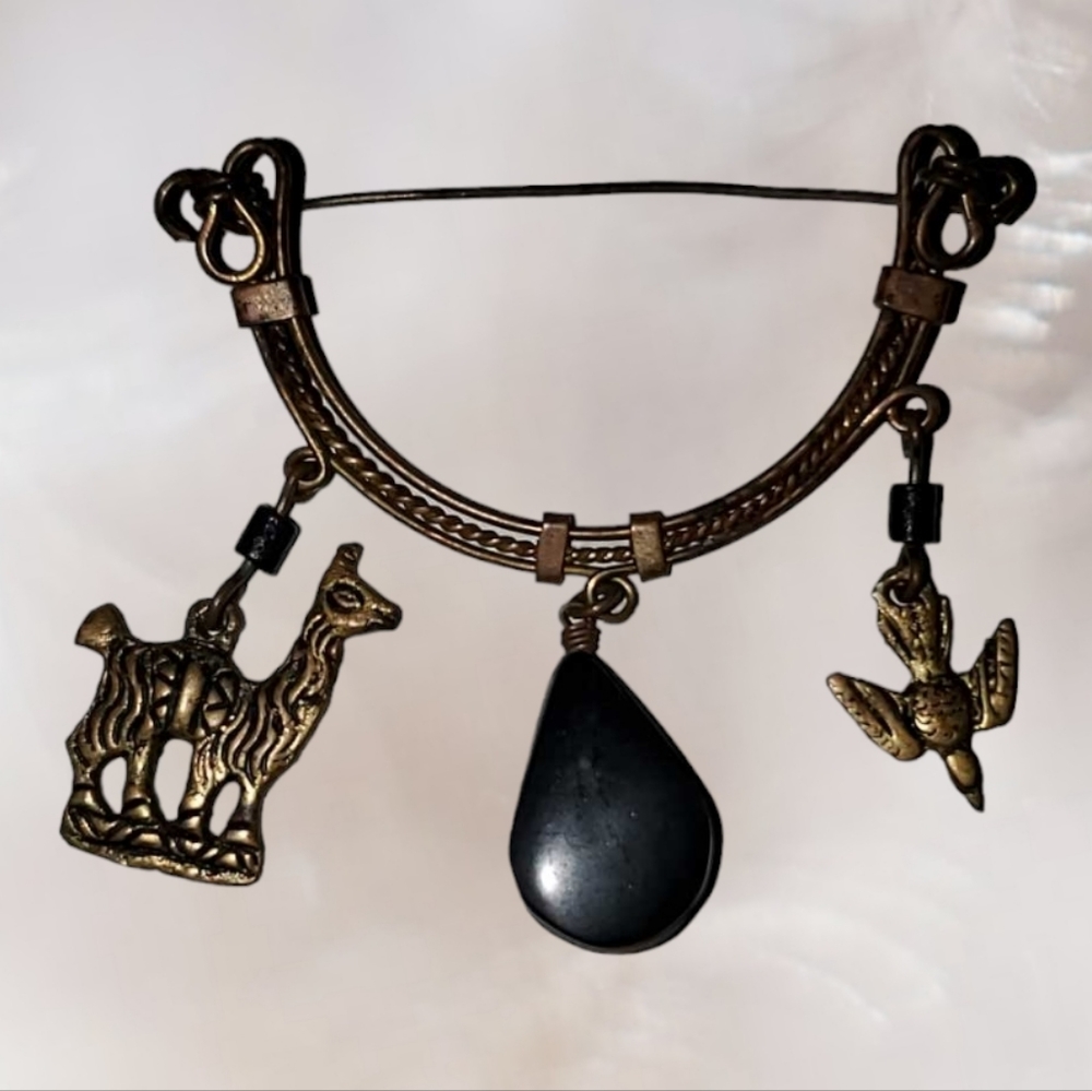 Vintage Antique Gold Brooch Camel Llama Bird Black Onyx Spiritual Significance